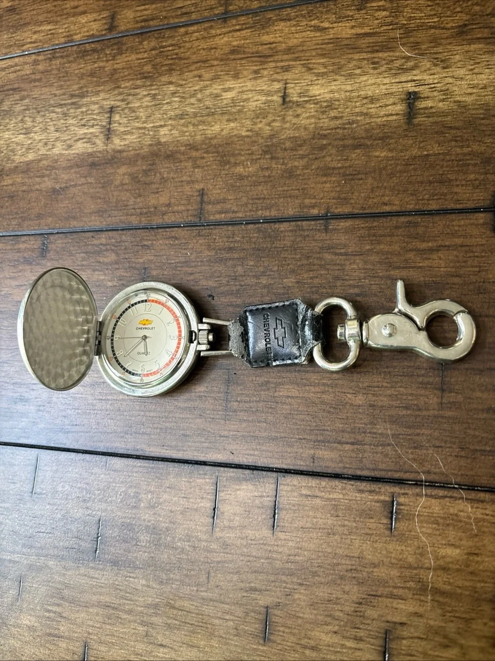 Vintage 1970s Chevrolet Quartz Pocket Watch Orange Bezel Clip Fob Belt